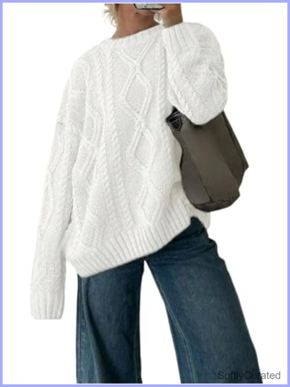 Cable Knit Sweater Women Crewneck Oversized Pullover Long Sleeve